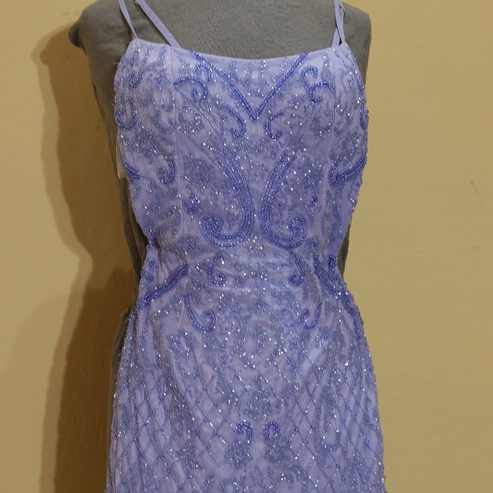 ALYCE square neckline strappy lace up back short dress in blue iris size 6